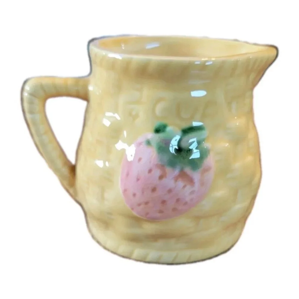 Vintage 3/4 Cup Strawberry Ceramic Pitcher Basket Weave Country Kitchen Decor